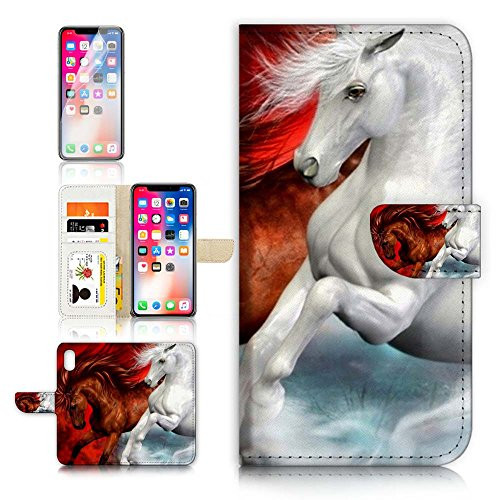 ( For iPhone X ) Flip Wallet Case Cover & Screen Protector Bundle - A21141 Brown and White Horse