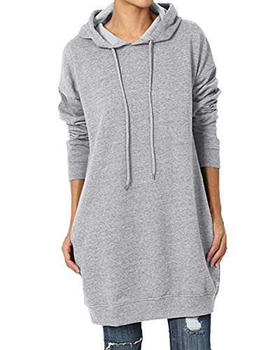 Kidsform Womens Long Sleeve Hoodie Tunic Dress Solid Pullover Loose Sweater Hoodie Sweatshirt Long Tops With Pocket Grey M