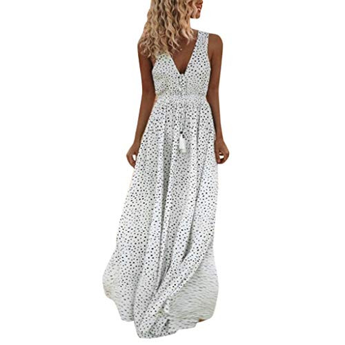 Pervobs Women Elegant Flowy Dresses Summer Sleeveless Dot Print Tassels Deep V Neck Long Beach Maxi Dress VestidoUS 8 White Pervobs Women Elegant Flowy Dresses Summer Sleeveless Dot Print Tassels Deep V Neck Long Beach Maxi Dress VestidoUS 8 White