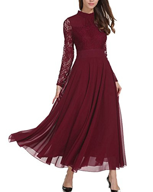 Aofur Womens Long Sleeve Chiffon Maxi Dresses Casual Floral Lace Evening Cocktail Party Long Dress X-Large Wine Red Aofur Womens Long Sleeve Chiffon Maxi Dresses Casual Floral Lace Evening Cocktail Party Long Dress X-Large Wine Red