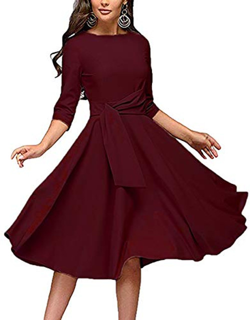 Womens Elegance Audrey Hepburn Style Ruched Dress Round Neck 34 Sleeve Sleeveless Swing Midi A-line Dresses with Pockets