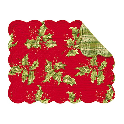 C and F Home Holly Red Holiday Christmas Floral Botanical Reversible Oblong Rectangular Cotton Quilted Cotton Placemat Set of 4 Rectangular Placemat Red