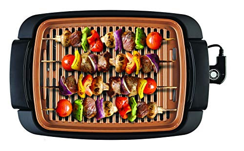 BELLA Indoor Smokeless Grill 12 x 16 Inch Copper Titanium Coated Nonstick Cooking Surface Multifunction Grill  and  Skillet