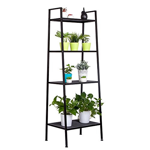 SSLine 4-Tier Metal Widen Bookshelf Free-Standing Black Finish Plant Flower Stand Ladder Shelf Home Office Leaning Bookcase Display Corner Storage Rack Shelving Unit
