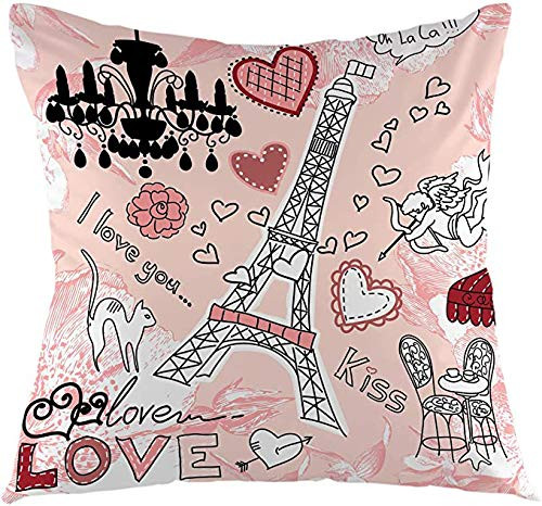 antoipyns Eiffel Tower Throw Pillow Cover Love in Paris Romantic Hearts Pink Background Cushion Cover Decorative Pillow Case Home Decor for Sofa Bedroom Car 18x18 Inch Pillowcase