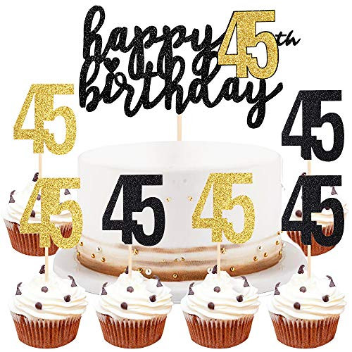 LVEUD Happy Birthday Cake Topper Black Font Golden Numbers 45th Birthday Happy Cake Topper?digital 45 Paper cup Cake topper?Birthday Party Decorations?16? 45