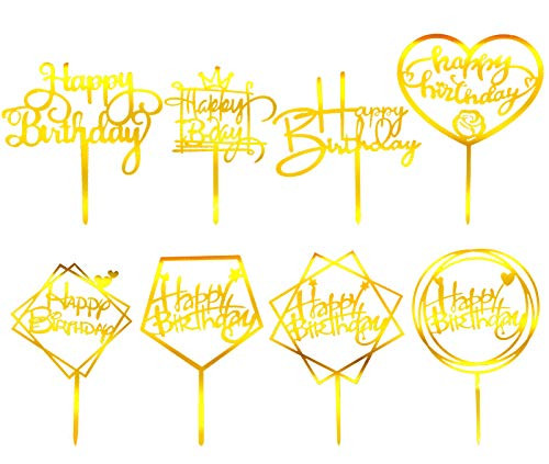 8 Pieces Glitter Gold Happy Birthday Cake Topper Acrylic Cake Topper Birthday Party Decorations Party Supplies Birthday Cake Decor for Children or Adults Cupcake Topper