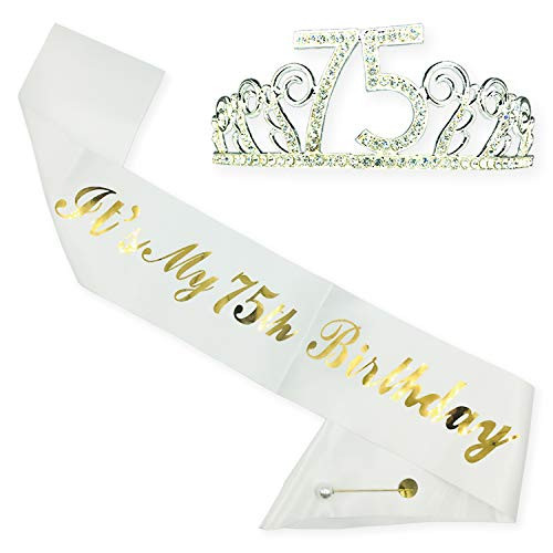 75th Birthday Tiara and Sash, HAPPY 75th Birthday Party Supplies, Its My 75th Birthday White Glitter Satin Sash and Crystal Tiara Birthday Crown for 75th Birthday Party Supplies and Decorations (SILVER) 75th Birthday Tiara and Sash, HAPPY 75th Birthday Party Supplies, Its My 75th Birthday White Glitter Satin Sash and Crystal Tiara Birthday Crown for 75th Birthday Party Supplies and Decorations (SILVER)