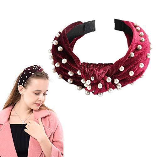 LAFUN Pearl Headband Velvet Wide Headbands Knotted Headband Turban Hairband Vintage Head wrap with Faux Pearl Elastic Hair Hoops Fashion Cross Hair Accessories for Women and Girls Red