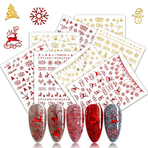 3D Christmas Nail Art Stickers 8 Sheets Self-Adhesive Nail Decals Glittering Metallic RedGold Winter Nail Decals New Year Nail Art Decoration Xmas Tree Santa Snowman Snowflake Nail Stickers Decals