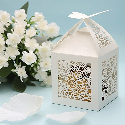 KAZIPA 50pcs Laser Cut Wedding Gift Boxes, 2.2''x2.2''x2.2'' Butterfly Favor Boxes, Wedding Candy Boxes for Wedding Favors Bridal Shower Decoration Birthday Party Favors Baby Shower(White)