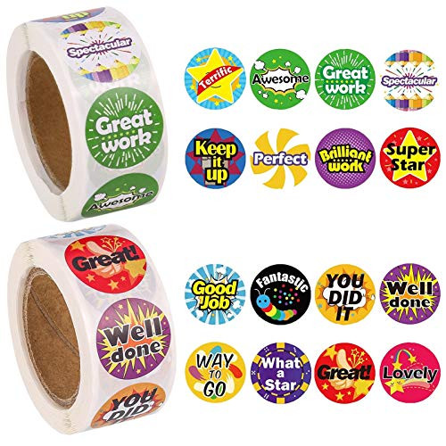 FANKUTOYS Cute Reward Stickers for Kids 1000 Pack Teacher Motivational Stickers for Students 1 Inch School Stickers Reward Stickers for Teachers Toddler Two Rolls