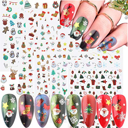IDALL Christmas Nail Art Adhesive Sticker Decals - 8 Sheets 3D Laser Metallic Nail Decorations Manicure DIY Nail Decals Flower Snowflakes Santa Claus Leaves Lace Art Design Nail Decorations T13