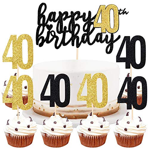 LVEUD Happy Birthday Cake Topper Black Font Golden Numbers 40th Birthday Happy Cake Topper?digital 40 Paper cup Cake topper?Birthday Party Decorations?16? 40