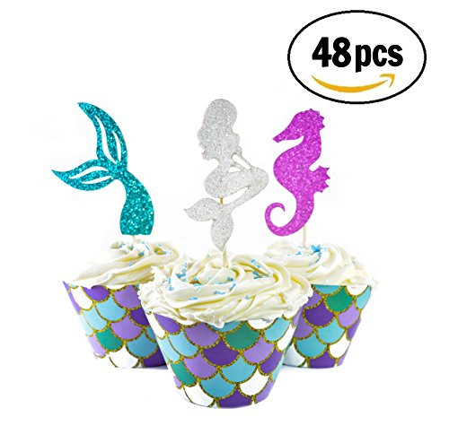Mermaid Cupcake Toppers + Wrappers- 48 pcs- [Decoration for Little Mermaid Theme, Under The Sea Theme, Baby Shower Birthday Party Favors, Mermaid Tail, Seahorse Food Picks + Scale Cupcake Wrapper]