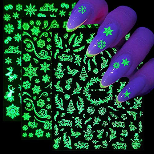 Luminous Christmas Nail Stickers - 650 Patterns Glow in The Dark Snowflake Nail Art Decals 3D Snowflake Elk Leaf Snowman Santa Candy Self Adhesive Winter Fluorescent Xmas Nail Decorations9 Sheets