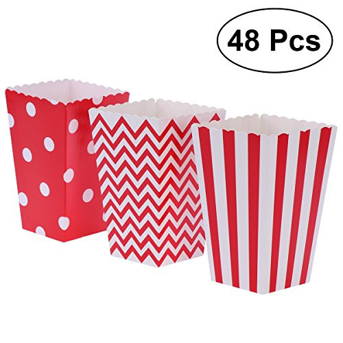 NUOLUX 48pcs Popcorn Boxes Cardboard Candy Container Rugby Stripe Wave Dot Pattern Deco (Red)
