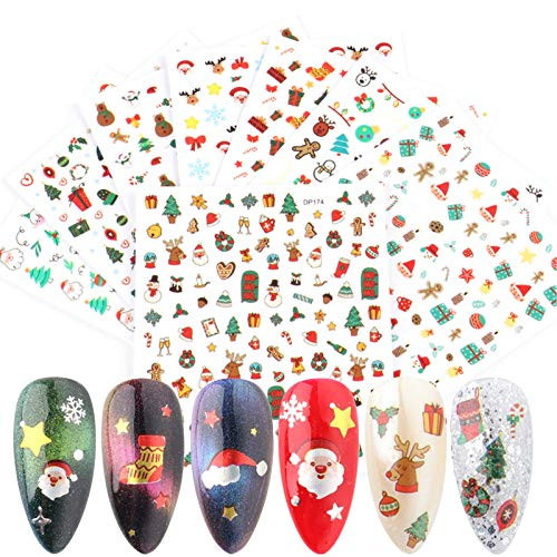 VellMix 8 Sheets Christmas Nail Stickers - 3D Self-Adhesive Winter Nail Decals Snowflakes Santa Snowman Xmas Tree Nail Art Stickers for Women Girls DIY Nail Decoration