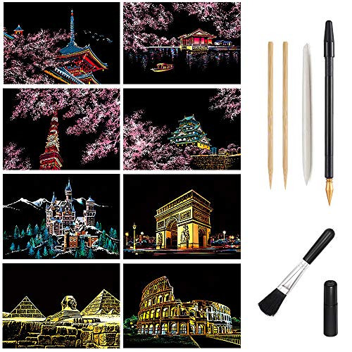 Scratch Art Paper Rainbow Night View Scratchboard for Adults  and  Kids Mini Envelope Postcard Art  and  Crafts Set 8 Sheets Scratch Cards  and  Scratch Drawing Pen Brush 7_9x5_5 Building  Cherry Blossom