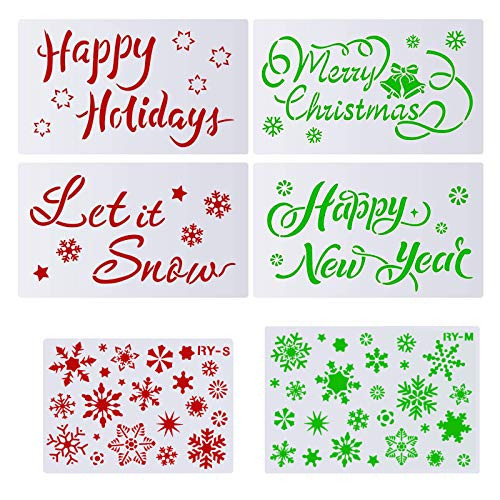 KINDPMA 6 Pcs Christmas Stencils Templates Christmas Drawing Templates Hollow Out Painting Stencils with Snowflakes Happy New Year Merry Christmas Happy Holiday Let it Snow Pattern for DIY Craft KINDPMA 6 Pcs Christmas Stencils Templates Christmas Drawing Templates Hollow Out Painting Stencils with Snowflakes Happy New Year Merry Christmas Happy Holiday Let it Snow Pattern for DIY Craft