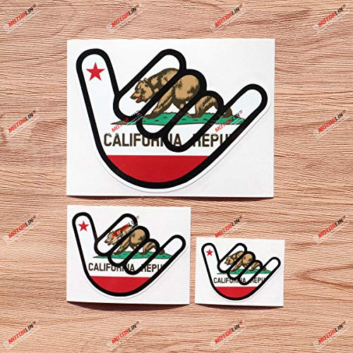 California State Flag Shaka Sign Hang Loose Decal Vinyl Sticker - 3 Pack Glossy 2 Inches 3 Inches 5 Inches - for Car Boat Laptop Cup Phone