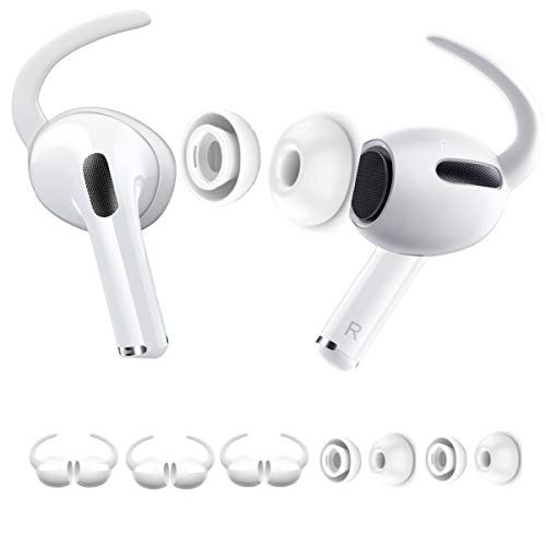 MioHHR 2 Pair Airpods Pro Ear Hooks and 2 Pair Airpod Pro Silicone Tips Covers Airpods 3 Anti-Slip Ear Hooks Tips Cover for Apple Airpods pro Replacement Accessories ?Added Storage Pouch? White