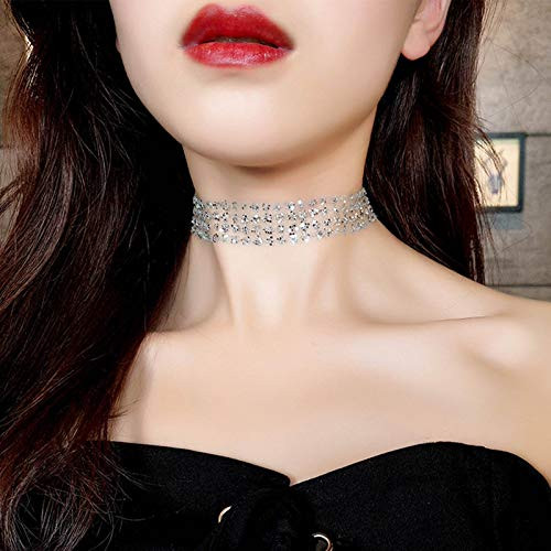 YienDoo Lace Choker Sparkly Necklace Clavicle Chain with Sequin Necklace BlingBling Fashion Jewelry Accessories for Women and Girls Silver