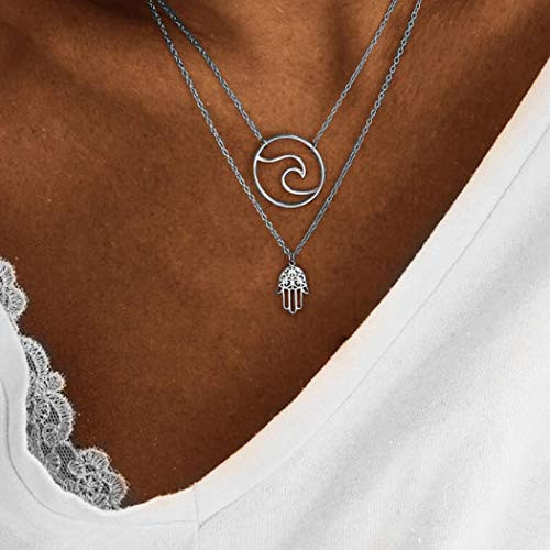 Easedaily Boho Layered Necklaces Silver Pendant Double Short Necklace Chain for Women and Girls Easedaily Boho Layered Necklaces Silver Pendant Double Short Necklace Chain for Women and Girls