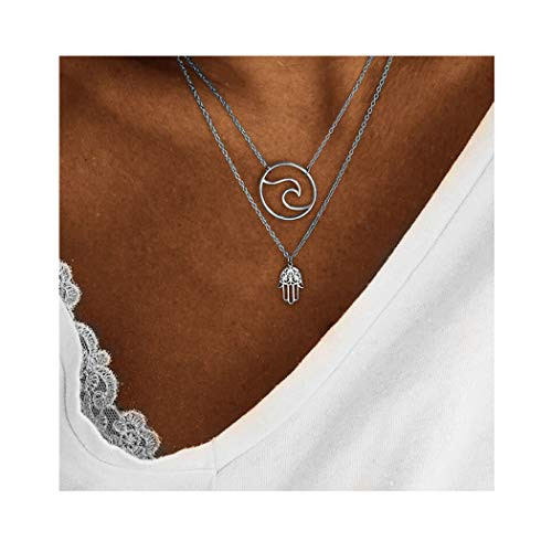 Edary Double Layered Necklace Silver Wave Pendant Palm Necklaces Jewelry for Women and Girls_ Edary Double Layered Necklace Silver Wave Pendant Palm Necklaces Jewelry for Women and Girls_