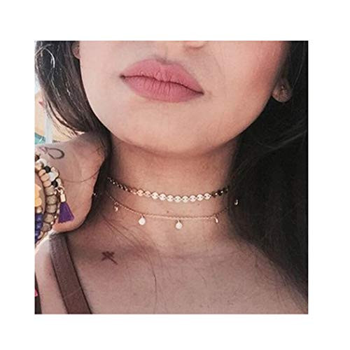 Edary Boho Double Layered Necklace Silver Sequin Necklaces Crystal Tassel Pendant for Women and Girls_