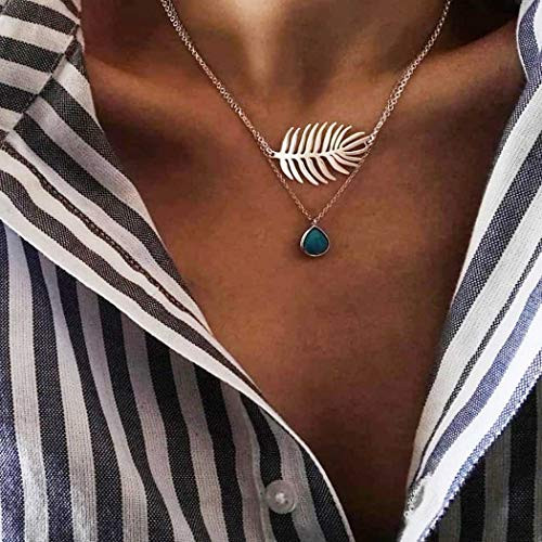 Gortin Double layer Necklace Silver Boho Turquoise Pendant Chain Feather Necklaces Jewelry for Women and Girls Gortin Double layer Necklace Silver Boho Turquoise Pendant Chain Feather Necklaces Jewelry for Women and Girls