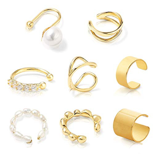 8 Pcs Cartilage Ear Cuff for Women Roctee Pearl Gold Clip Earrings Non Pierced Ear Hoop Cuff Ear Wraps Earring Hoop Set Jewelry Best Gifts