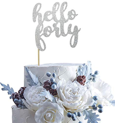 Guoguoxia Silver Glitter Hello Forty Cake Topper 40  and  Fabulous Cake Topper - 40th Birthday Party Decoration Sign - Adult Birthday Party SuppliesSilver Hello Forty