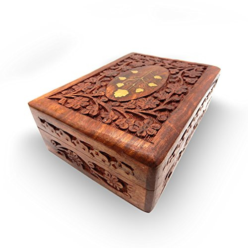WhopperIndia Handmade Wooden Vintage Keepsake Jewelry Organizer Box with Carved Brass Work 7 X 5 Inch WhopperIndia Handmade Wooden Vintage Keepsake Jewelry Organizer Box with Carved Brass Work 7 X 5 Inch