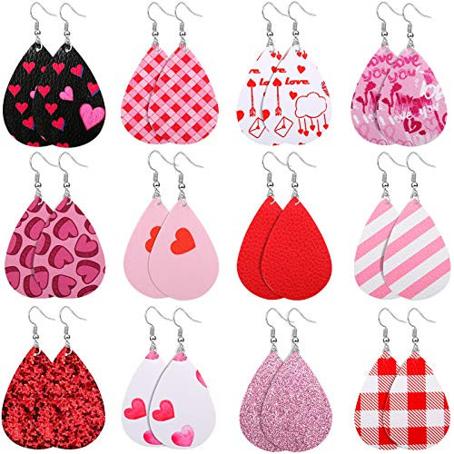 Hazms 12 Pairs Valentines Day Faux Leather Earrings for Women Girls Teardrop Leaf Heart Print Drop Earrings Lightweight Dangle Earrings Set Hazms 12 Pairs Valentines Day Faux Leather Earrings for Women Girls Teardrop Leaf Heart Print Drop Earrings Lightweight Dangle Earrings Set