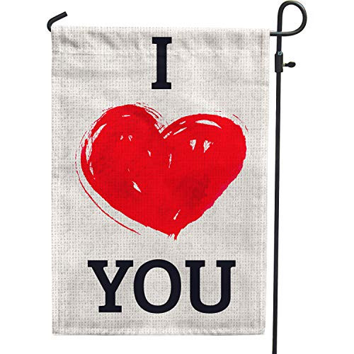 PAMBO Valentines Day Garden Flag Burlap 12x18 Double Sided I Love You Valentines Day Heart Garden Flags for Holiday Outside Ourdoor Yard Decoration