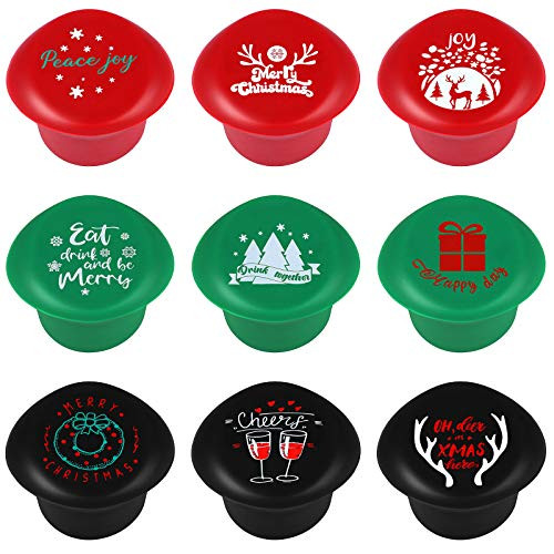 Ruisita 9 Pack Wine Bottle Caps Christmas Wine Bottle Stoppers Reusable Silicone Caps Stoppers for Wine Beverage and Beer Bottles 3 colors and 9 patterns