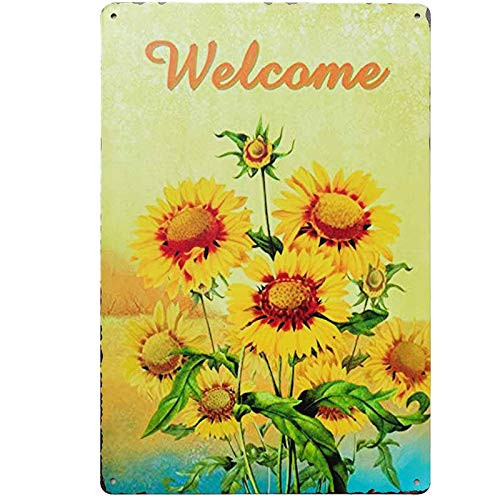 TISOSO Sunflower Welcome Sign Vintage Tin Bar Sign Bathroom Wall Art Flower Painting Country Home Decor Garden Decoration 8X12Inch