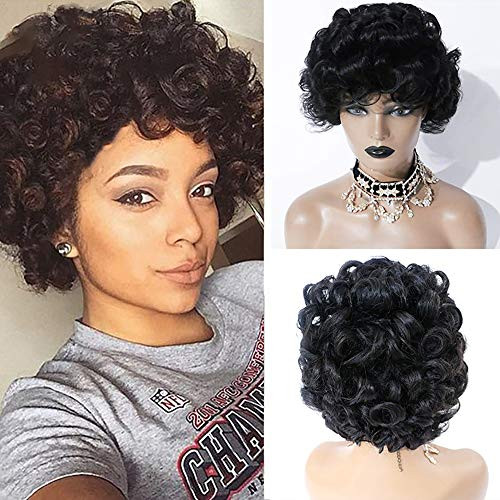 Luxangeles Short Curly Wigs Brazilian Virgin Human Hair Non Lace Front Wigs Deep Curly Hair Full Ends 150 Density Glueless Full Machine Made Wig Natural Black