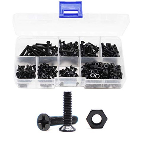 binifiMux 360pcs M3 x 4mm 6mm 8mm 10mm 12mm 16mm  20mm Black Countersunk Flat Head Phillips Machine Screws and Hex Nuts Kit