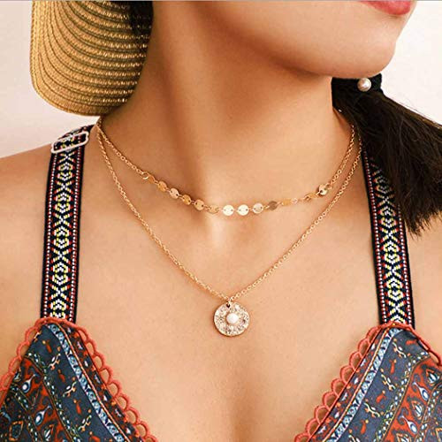 Jovono Gold Multilayered Sequin Pendant Necklaces Fashion Pearl Necklace Chain Jewelry for Women and Girls Jovono Gold Multilayered Sequin Pendant Necklaces Fashion Pearl Necklace Chain Jewelry for Women and Girls