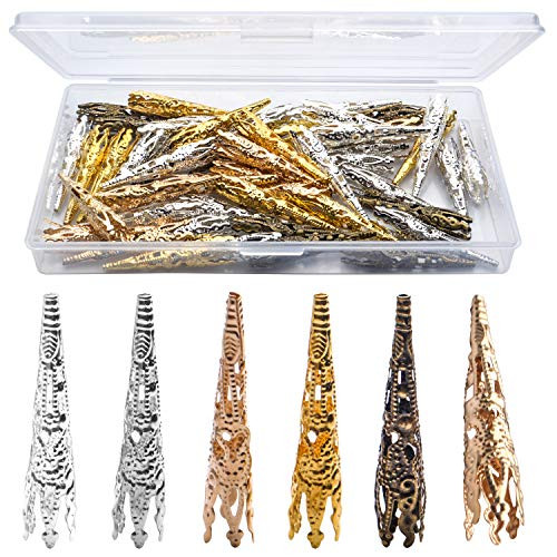 Bead Caps Findings 50pcs Filigree Flower Bead Caps Assorted Colors Cone Caps Metal Spacer Beads End Caps for Bracelet Necklace Jewelry Making 41x8mm