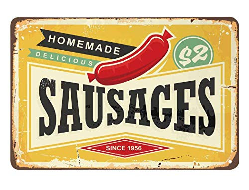 AOYEGO Sausage Tin SignHomemade Delicious Meat Hot Dog Food Vintage Metal Tin Signs for Cafes Bars Pubs Shop Wall Decorative Funny Retro Signs for Men Women 8x12 Inch