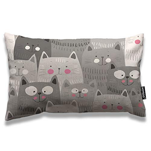 AOYEGO Cat Throw Pillow Cover 12x20 Inch Cute Cartoon Animal Kitten Head Doodle Smile Rectangle Pillow Cases Home Decorative Cotton Linen Cushion Cover for Bed Sofa Grey White Black