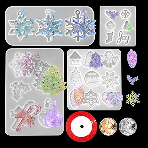 Christmas Resin Molds Resin Ornament Molds Xmas Elements Silicone Resin Casting Mold Snowflake Joy Bells Epoxy Stencils Set for DIY Christmas Crafts Jewelry Pendant Keychains