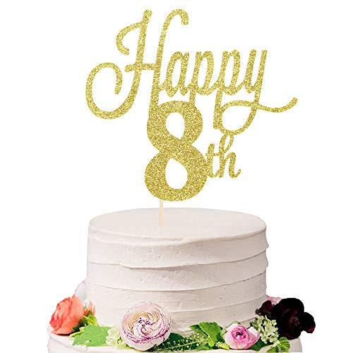 Eiveny Glittering Gold Happy 8th Birthday Cake Topper - Cheers to 8 Years Old 8 Years Old Party Supplies Decoration 8th