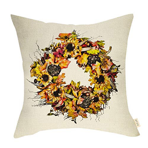 Fjfz Rustic Farmhouse Decorative Throw Pillow Cover Sunflower Wreath Sign Spring Summer Decoration Vintage Floral Wreath Home Decor Cotton Linen Cushion Case for Sofa Couch 18 x 18