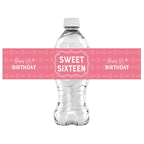 Halawawa 32 Stickers - Pink Sweet Sixteen Sign Happy Birthday Water Bottle Labels Wine or Bottle Stickers 16th Birthday Party Decoration Supplies