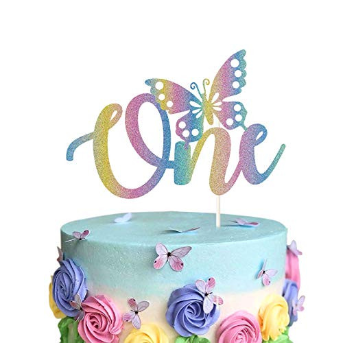 Butterfly One 1st Cake Topper Butterfly First Birthday Cake Decor Cute Baby Shower Party Decorations Happy Birthday Theme Rainbow Glitter Supplies