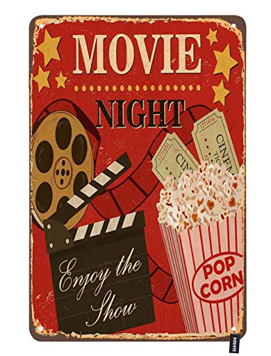HOSNYE Movie Night Poster Tin Sign Enjoy the Show with Popcorn Red Background Vintage Metal Tin Signs for Men Women Wall Art Decor for Home Bars Clubs Cafes 8x12 Inch
